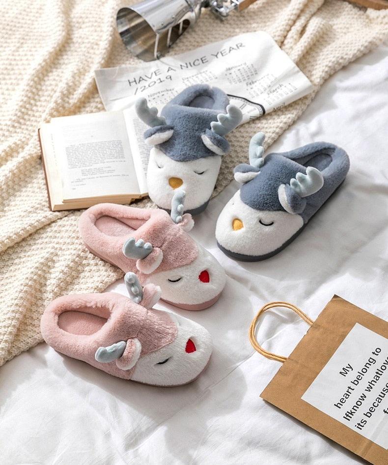 Furry Deer Elk House Slippers Warm Non-Slip Indoor Bedroom Shoes