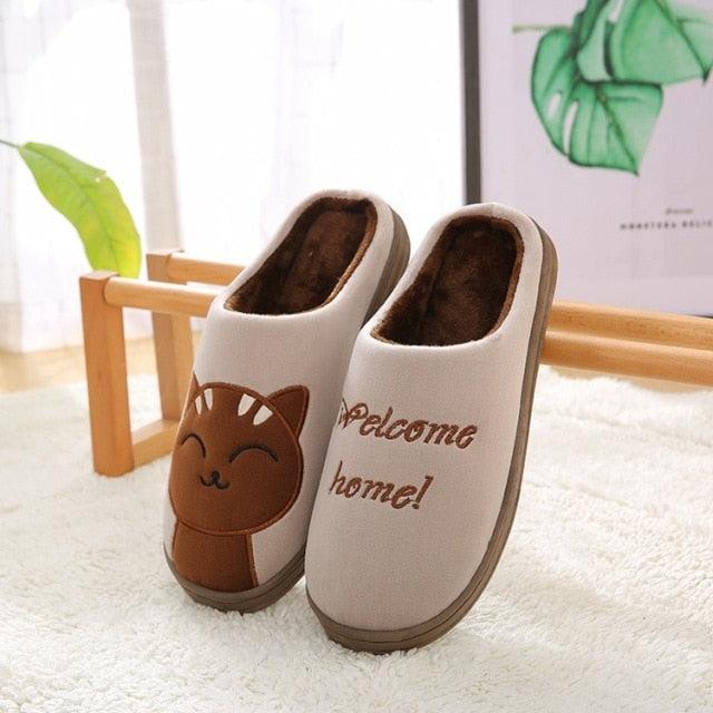 Plush cat-themed indoor slippers with memory foam soles and wool-tweed aesthetic.