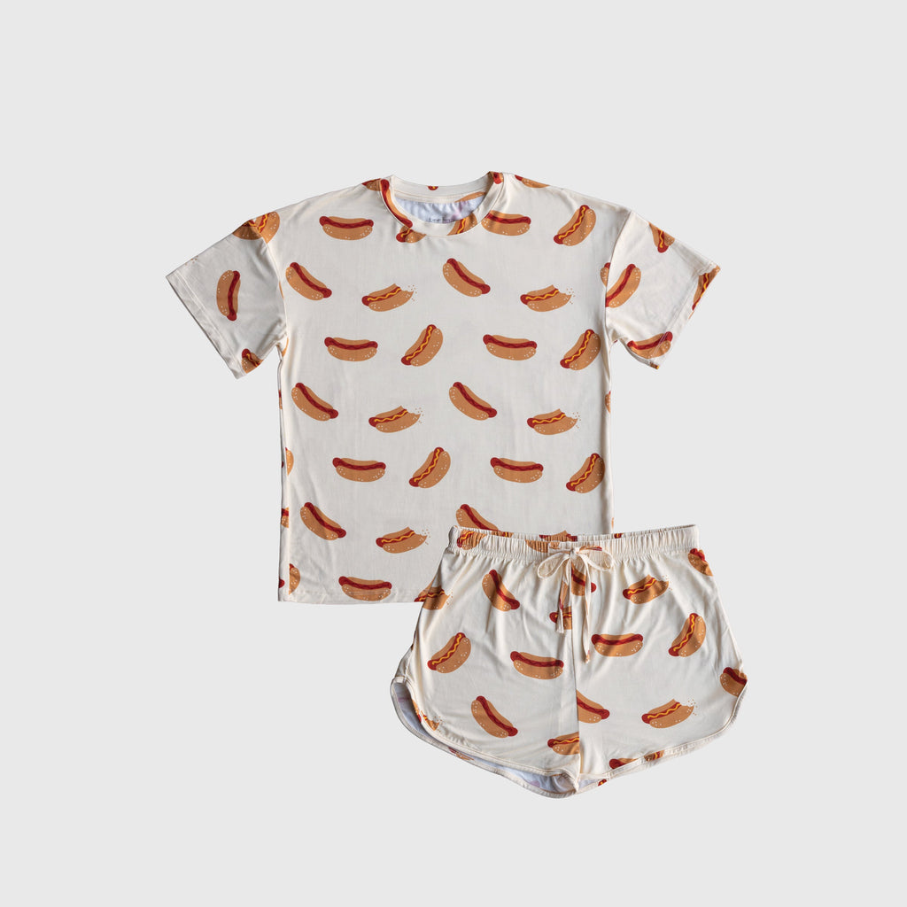 Women's Bamboo Short Set in Cream and Brown Hot Dog Print