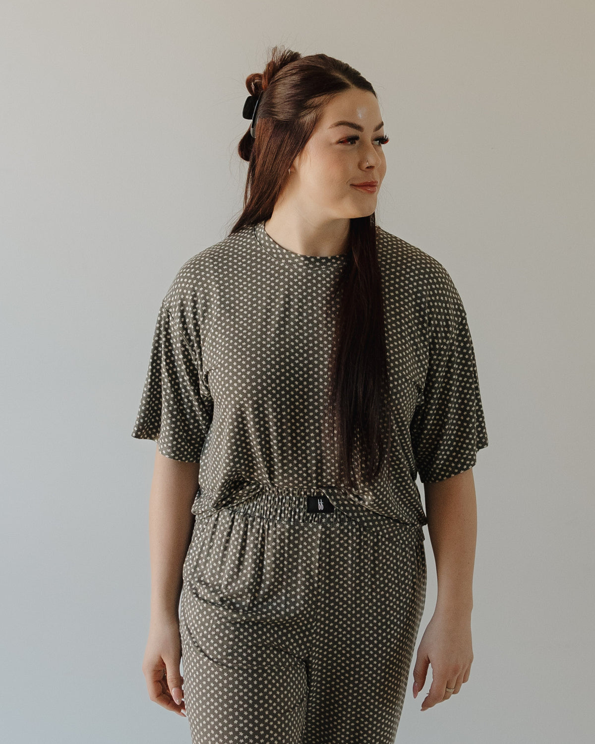 Women's Bamboo Viscose Boxy Tee Lounge Set - Green Flowers