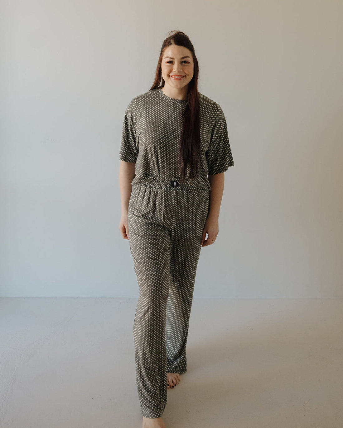 Women's Boxy Tee Lounge Set in Green Flowers print, made of soft bamboo viscose.