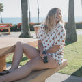 Women's bamboo lounge short set with fries and cola print in off-white, red, and brown