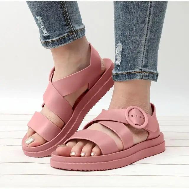 Women's Black Buckle Sandals, Comfortable Thick Sole Casual Slides