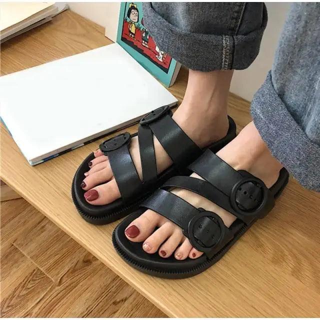 Women's Black Buckle Sandals, Comfortable Thick Sole Casual Slides