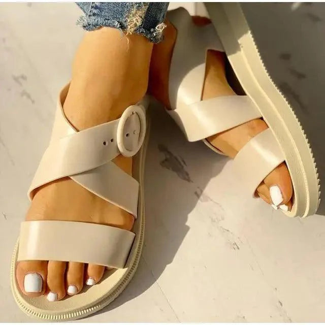 Women's Black Buckle Sandals, Comfortable Thick Sole Casual Slides
