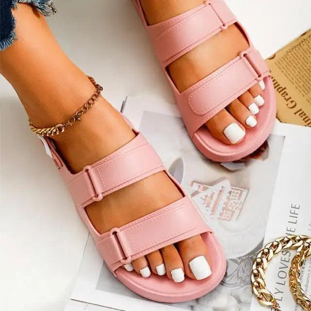 Women's Black Buckle Sandals, Comfortable Thick Sole Casual Slides