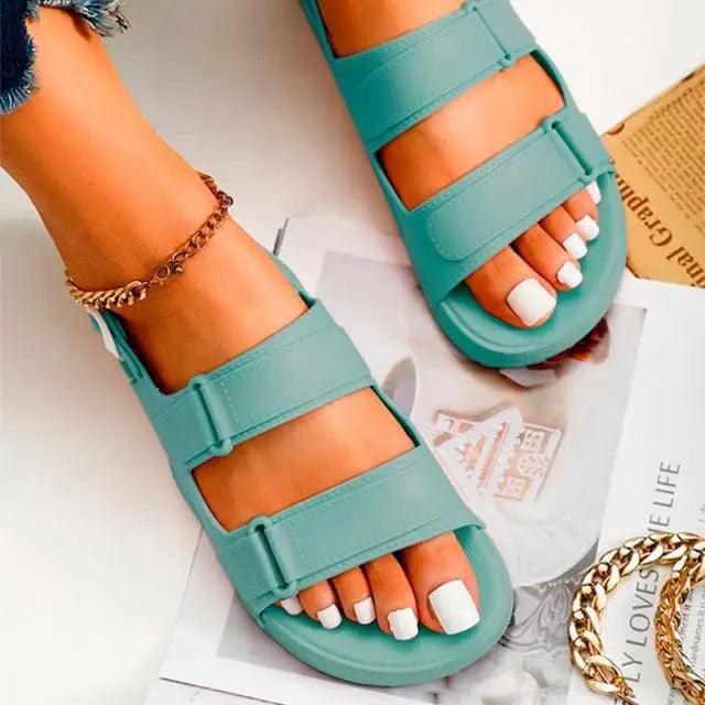 Women's Black Buckle Sandals, Comfortable Thick Sole Casual Slides
