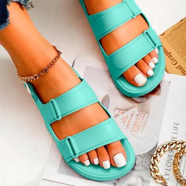 Women's Black Buckle Sandals, Comfortable Thick Sole Casual Slides