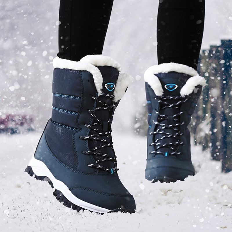 Waterproof leather winter hiking boots with thick fur lining and sturdy non-slip heel