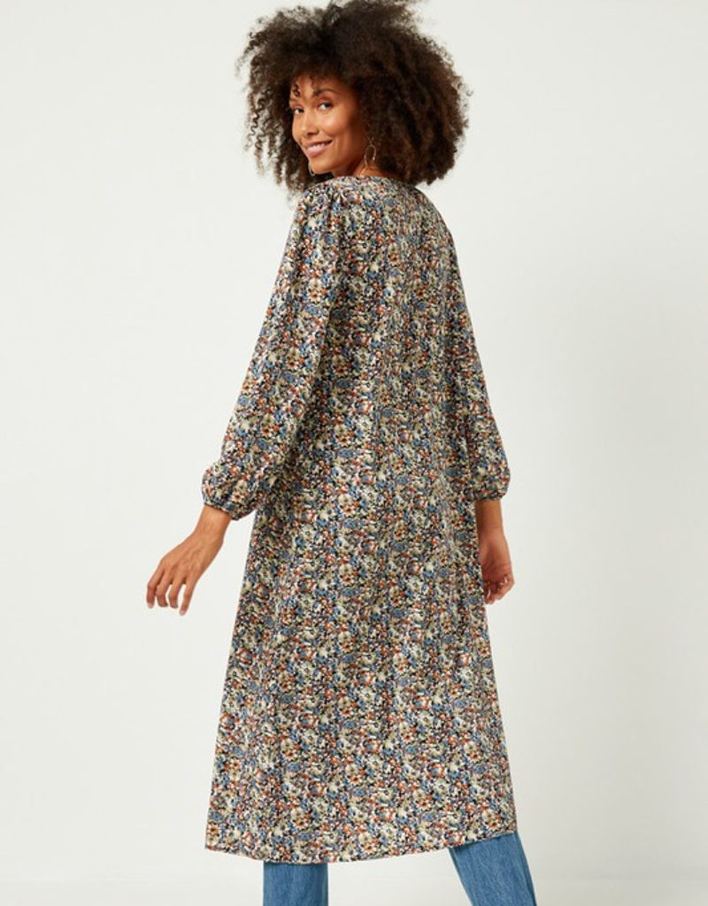 Floral Buttoned Puff Sleeve Duster in Multi-Colored Bohemian Style