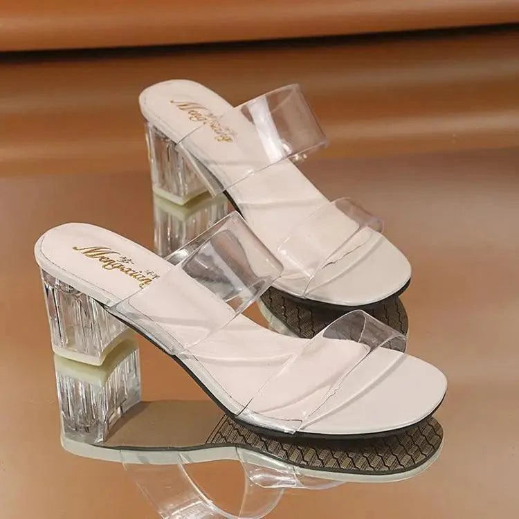Elegant high heel summer sandals by Mengxian in clear and beige minimalist style.