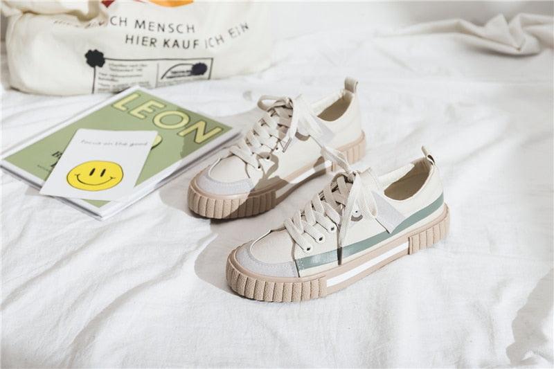 Womens Striped Canvas Slip-On Vulcanized Casual Flats Sneakers