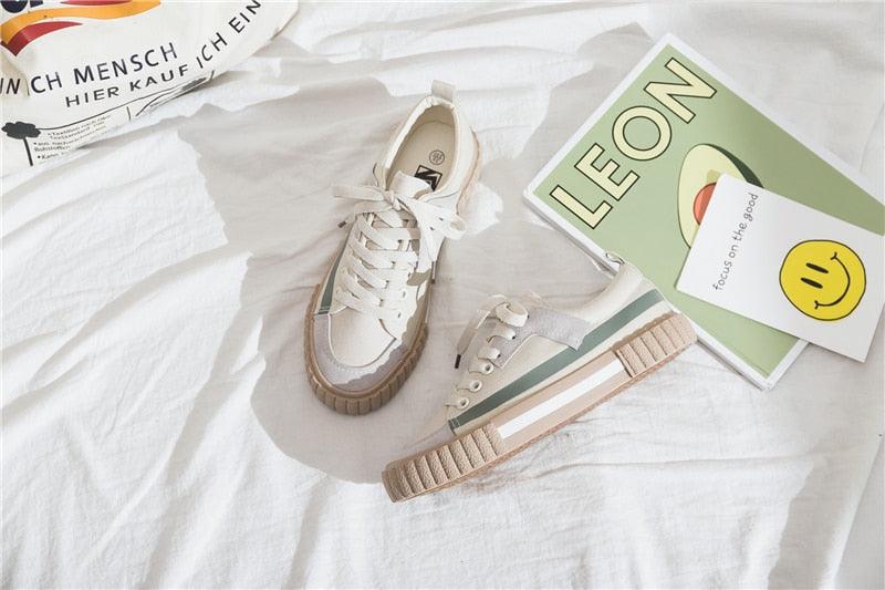 Womens Striped Canvas Slip-On Vulcanized Casual Flats Sneakers