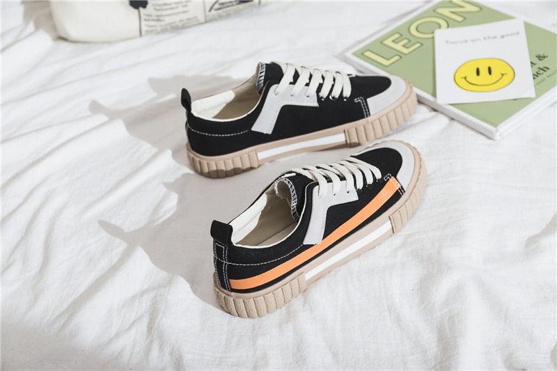Womens Striped Canvas Slip-On Vulcanized Casual Flats Sneakers