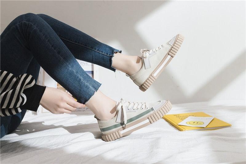 Womens Striped Canvas Slip-On Vulcanized Casual Flats Sneakers