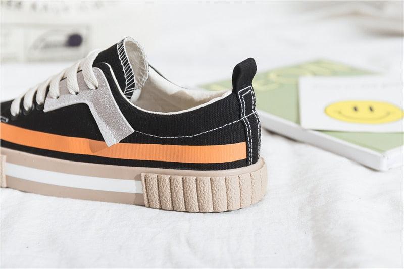 Womens Striped Canvas Slip-On Vulcanized Casual Flats Sneakers