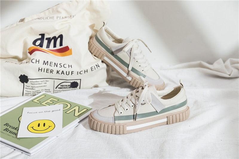 Womens Striped Canvas Slip-On Vulcanized Casual Flats Sneakers