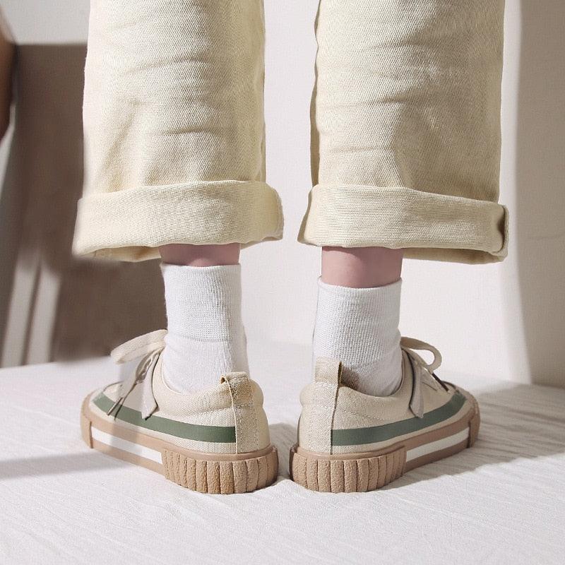 Womens Striped Canvas Slip-On Vulcanized Casual Flats Sneakers