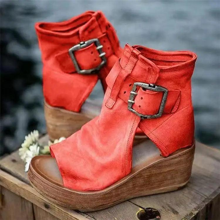 Stylish red retro peep-toe sandals for women featuring durable, soft material and an elegant summer design.