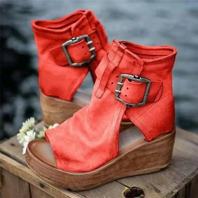 Women's Red Retro Peep Toe Leather Sandals Elegant Summer Heels