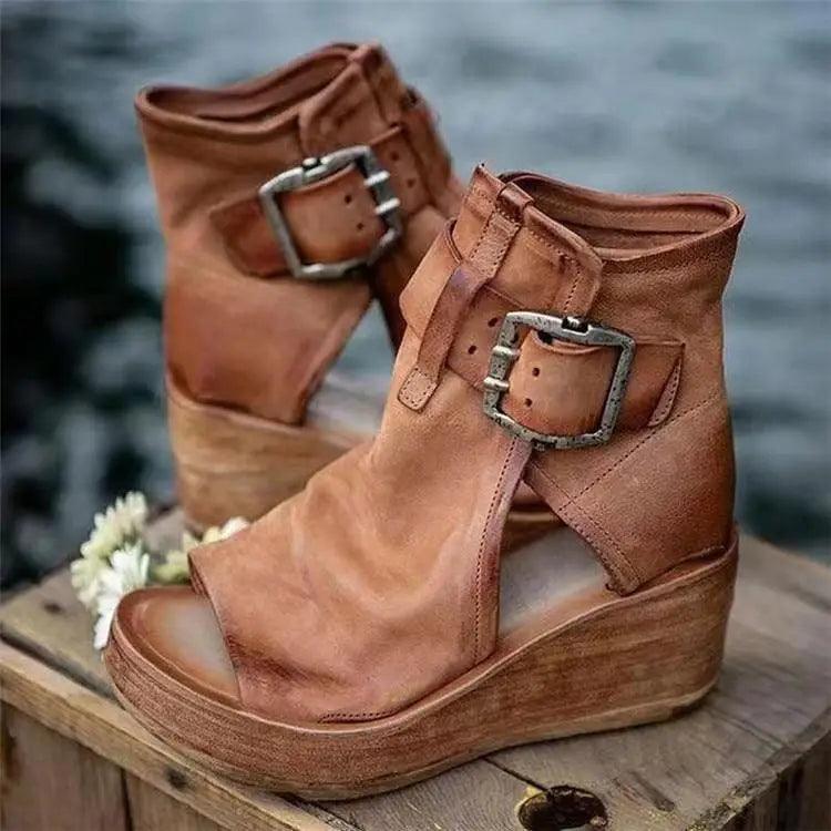 Women's Red Retro Peep Toe Leather Sandals Elegant Summer Heels
