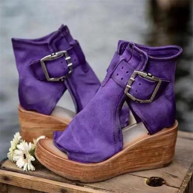 Women's Red Retro Peep Toe Leather Sandals Elegant Summer Heels