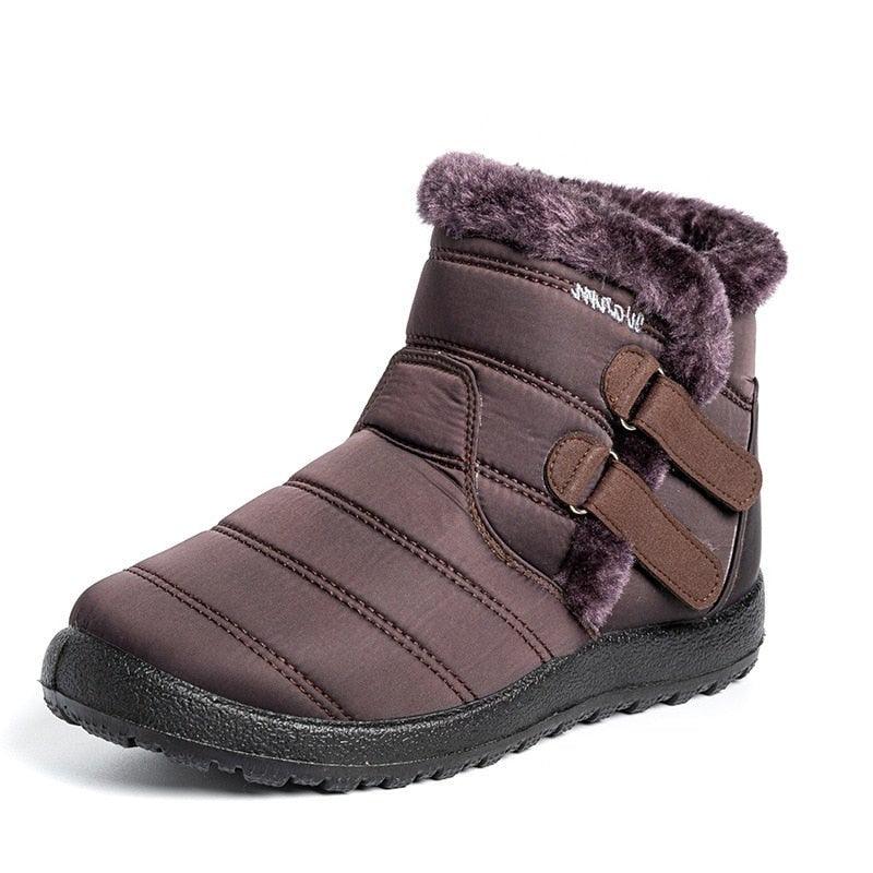 Women's waterproof fur-lined ankle snow boots with hook-and-loop closure