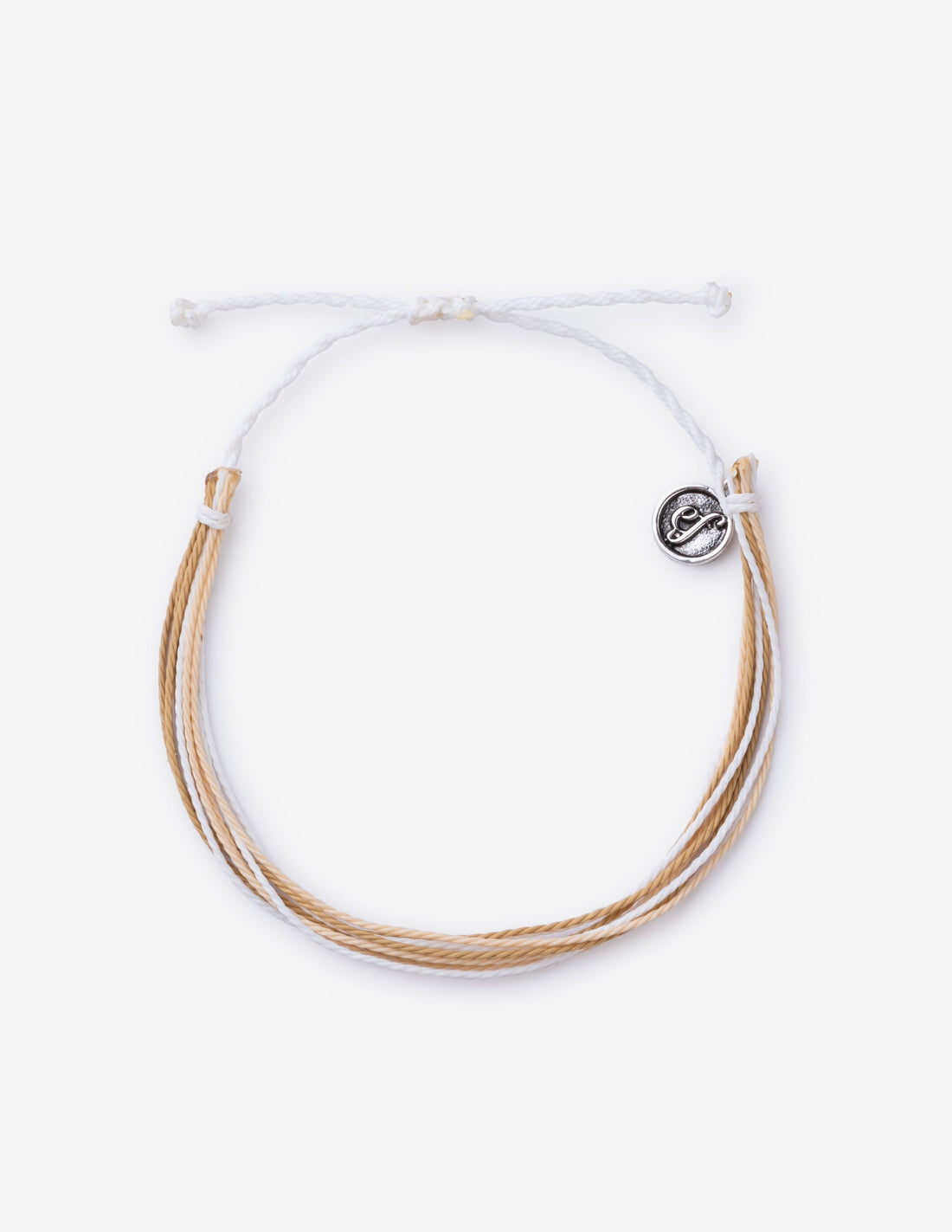 Close-up of the Wonder string bracelet, featuring white and tan threads with a small silver logo charm, isolated on a white background.