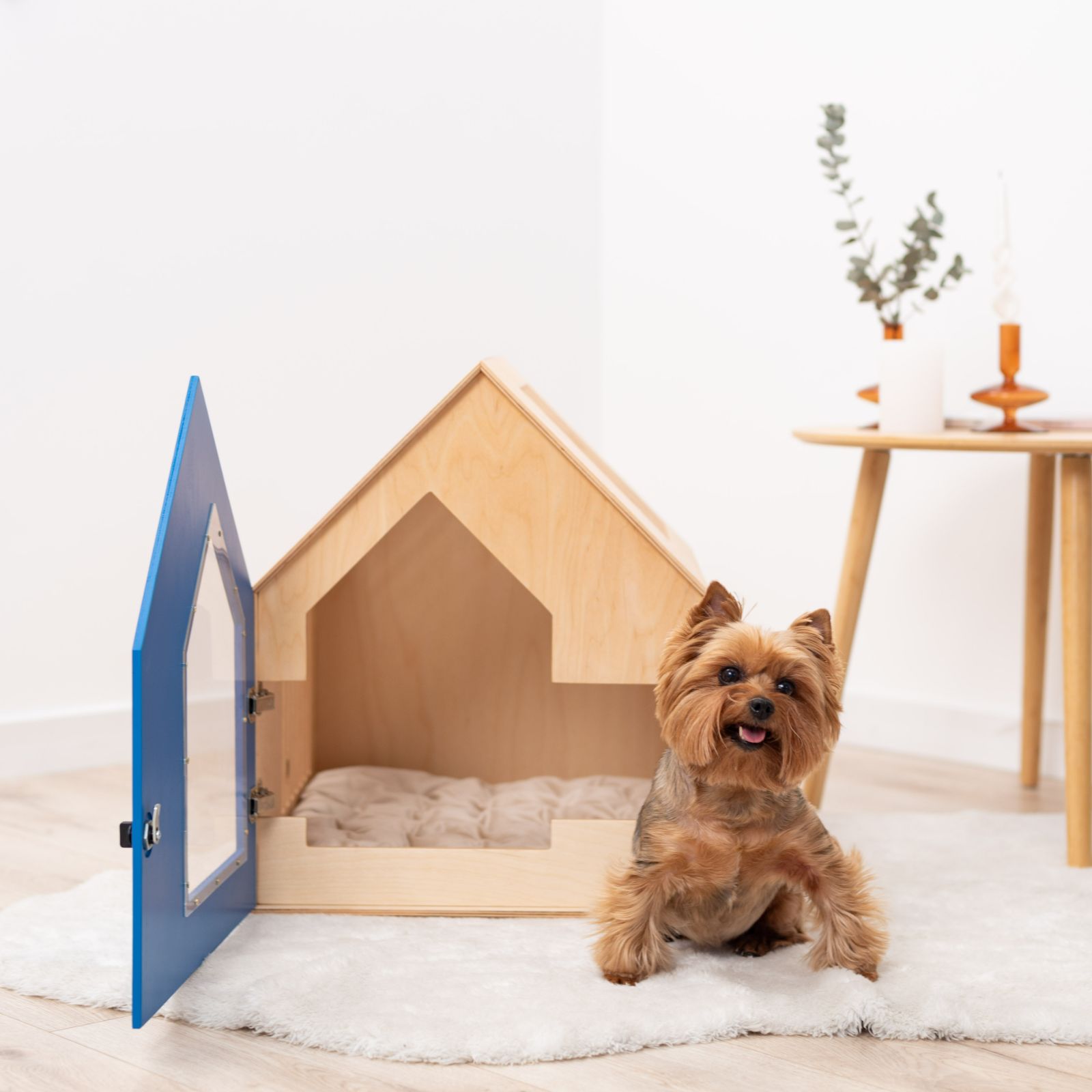 Booth-Style Wooden Dog House in Vibrant Blue for Outdoor Comfort