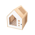 An elegant white booth-style wooden dog house in a modern living space