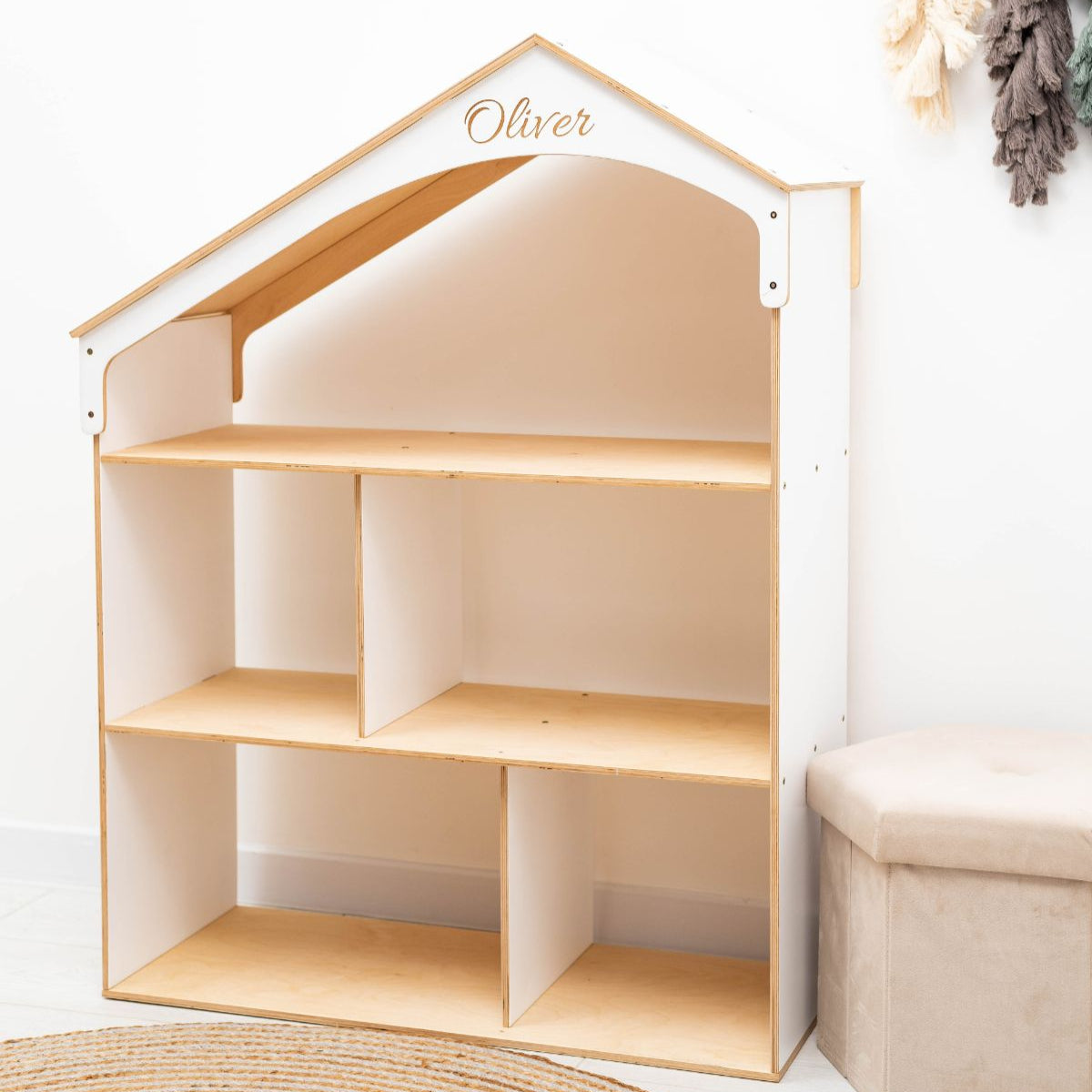 Wooden Dollhouse Bookshelf - Minimalist Scandi Storage for Kids