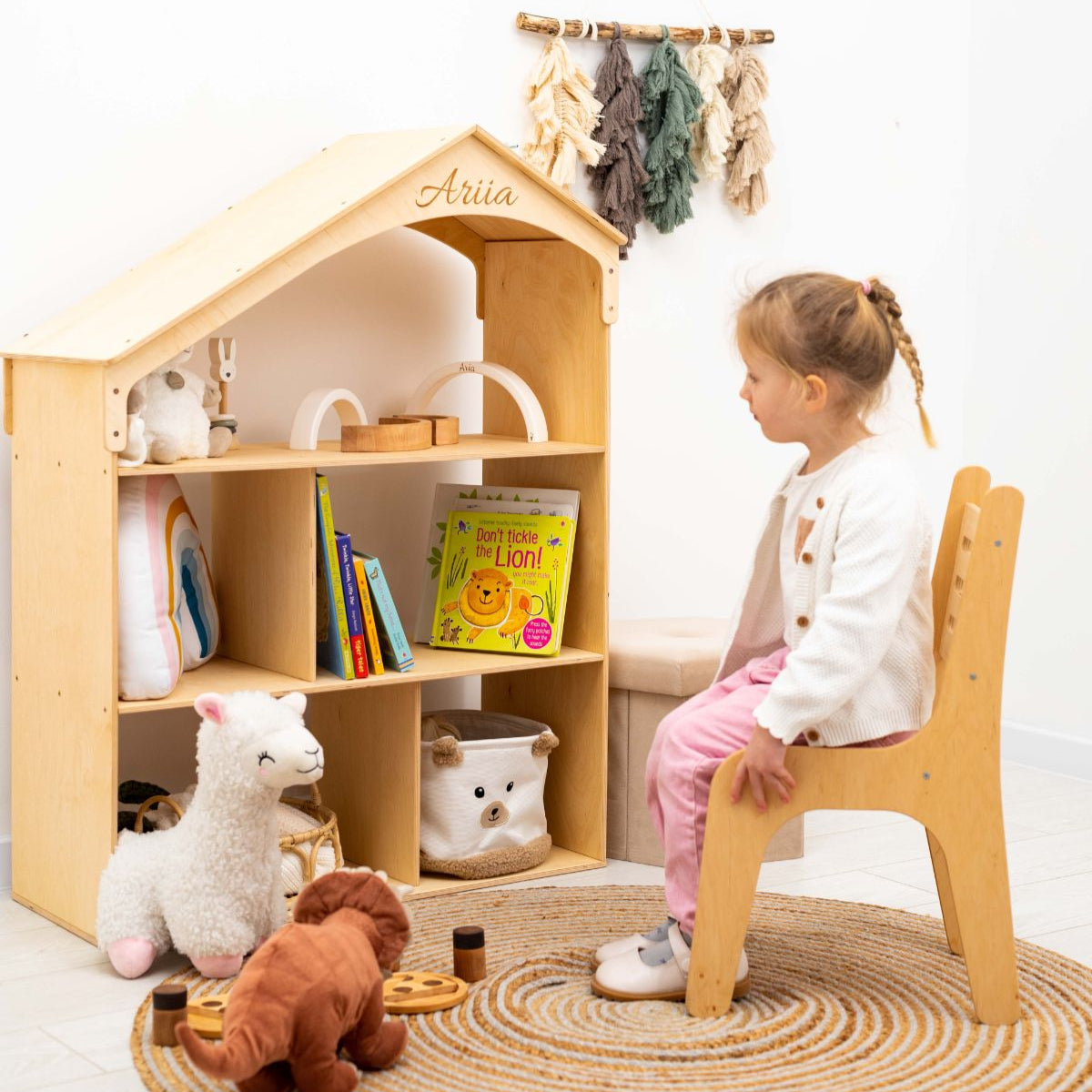 Wooden Dollhouse Bookshelf - Minimalist Scandi Storage for Kids