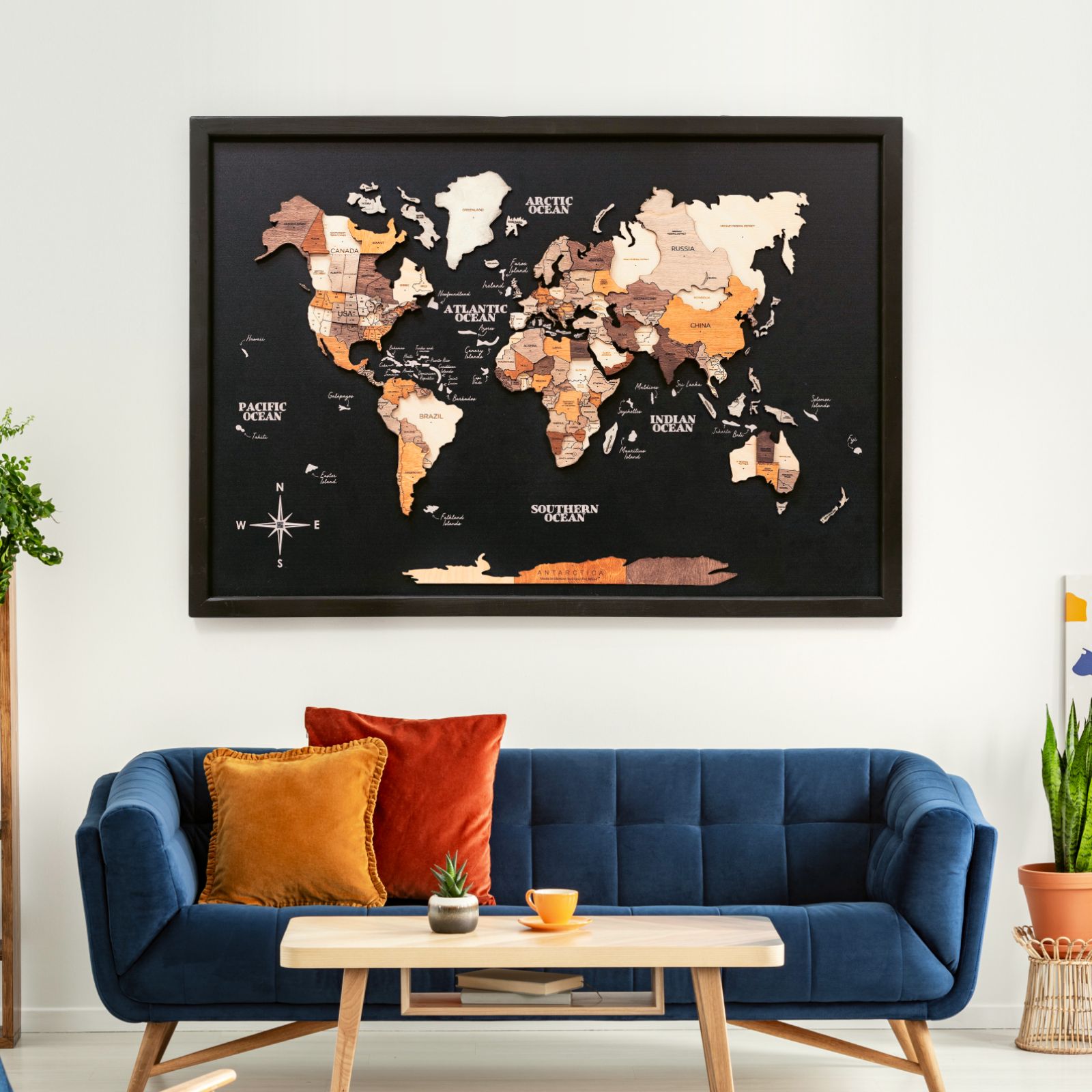 3D Wooden Panel World Map in Multicolor for Modern Homes