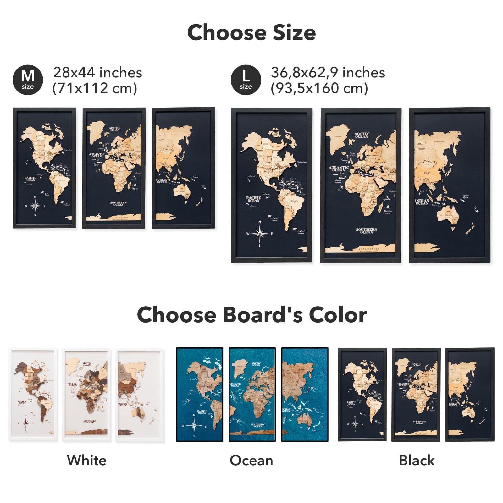 3D Wooden Triptych World Map Multicolor Modern Wall Art