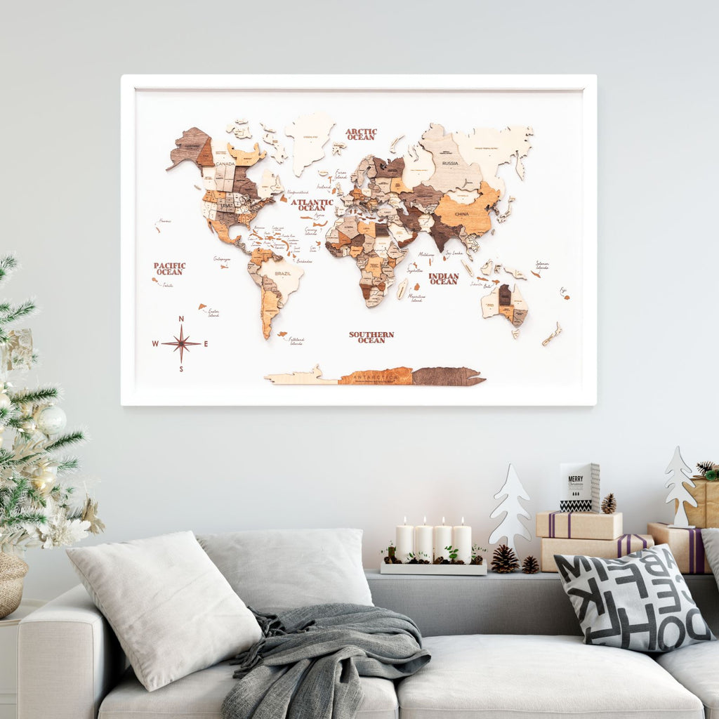 3D Wooden Panel World Map in Multicolor for Modern Homes