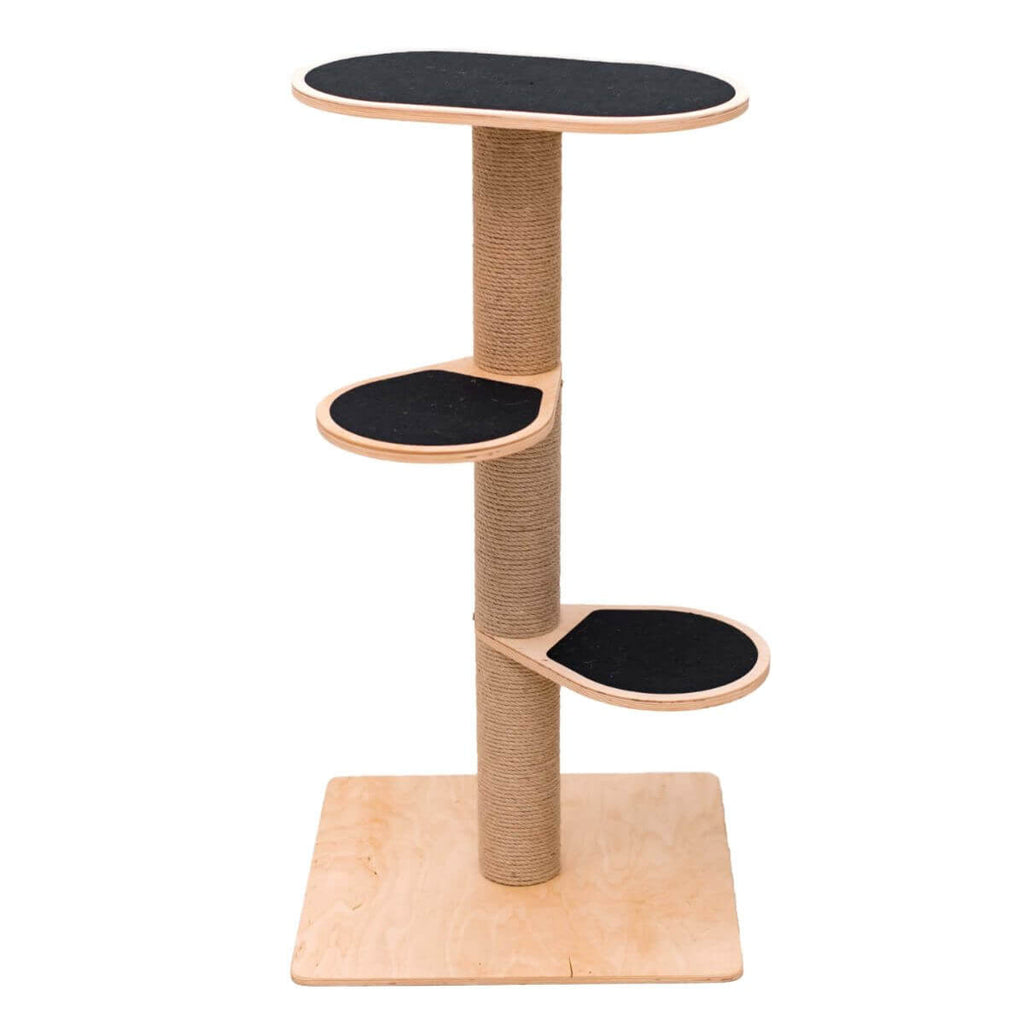 Compact wooden cat tower for small spaces with durable scratching twine