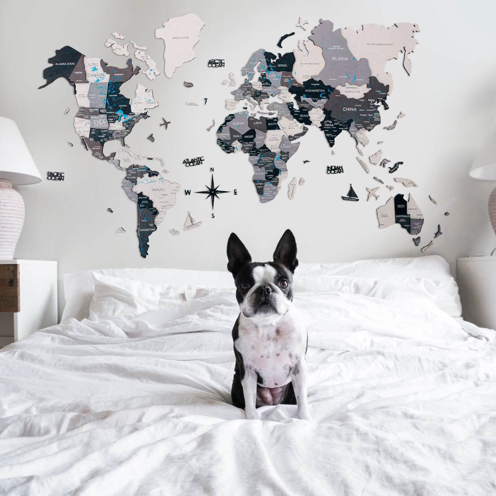 Minimalist Wooden World Map with Airplane Pins Wall Decor