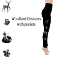 Model wearing black fitted leggings with white line art illustrations of a deer, owl, fox, and squirrel running down the side, featuring pockets.