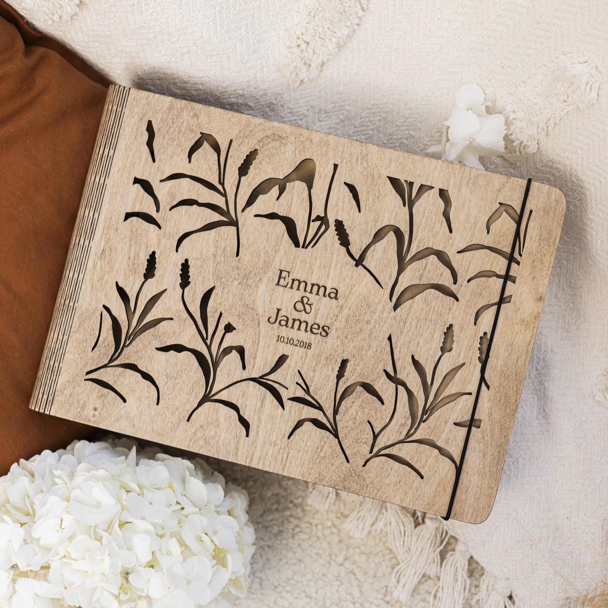 Meadow Wooden Photo Album with Engraved Grassland Design