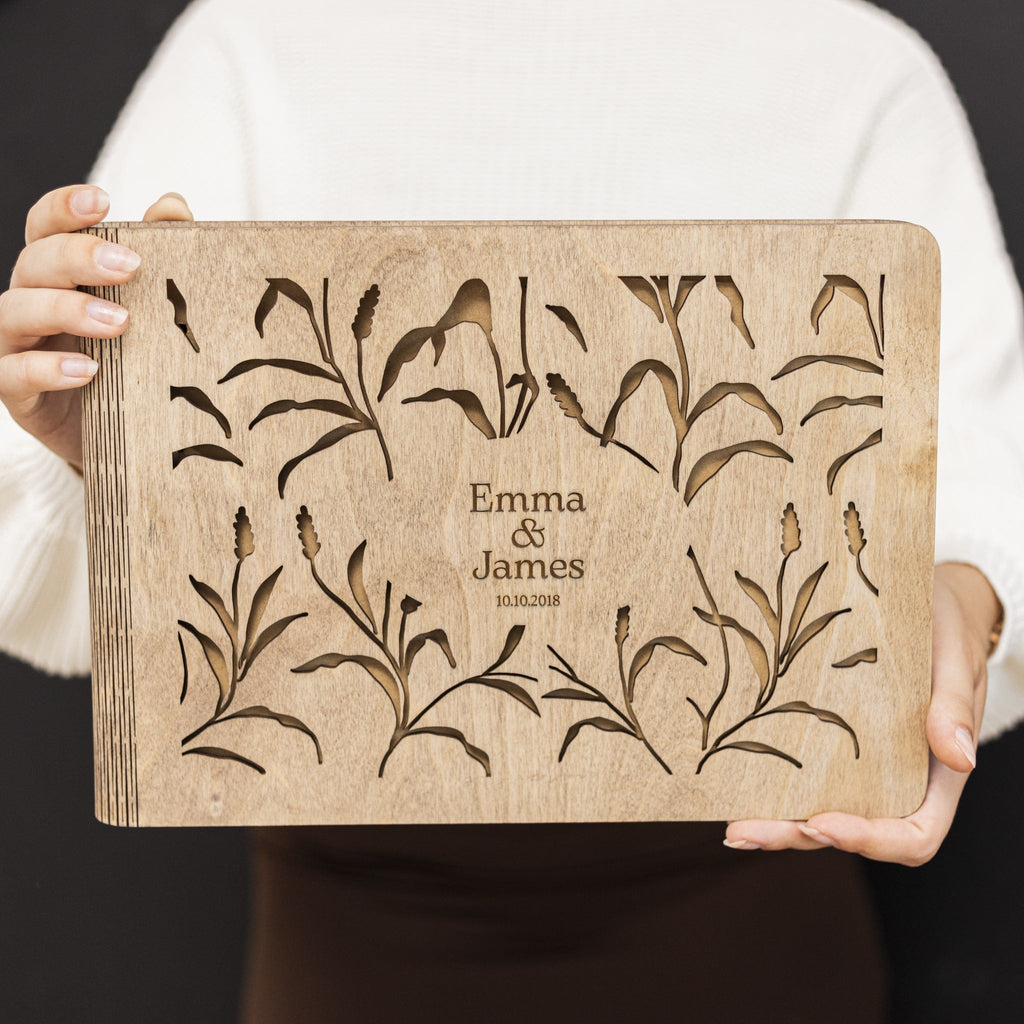Meadow Wooden Photo Album with Engraved Grassland Design