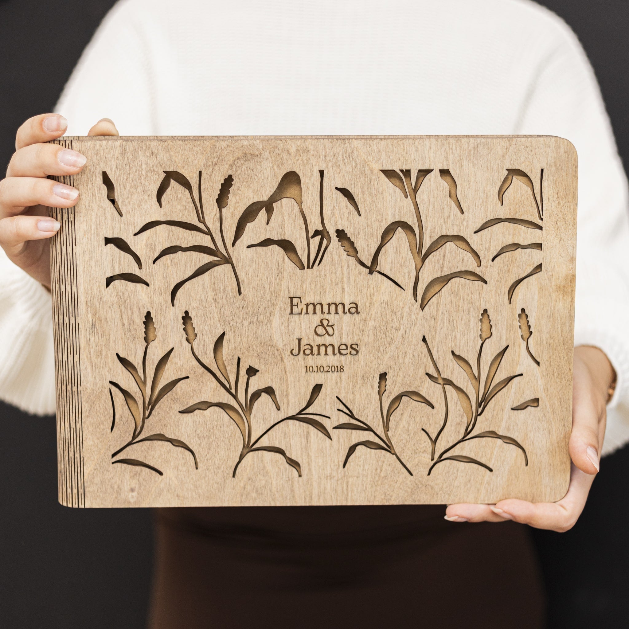 Meadow Wooden Photo Album with Engraved Grassland Design
