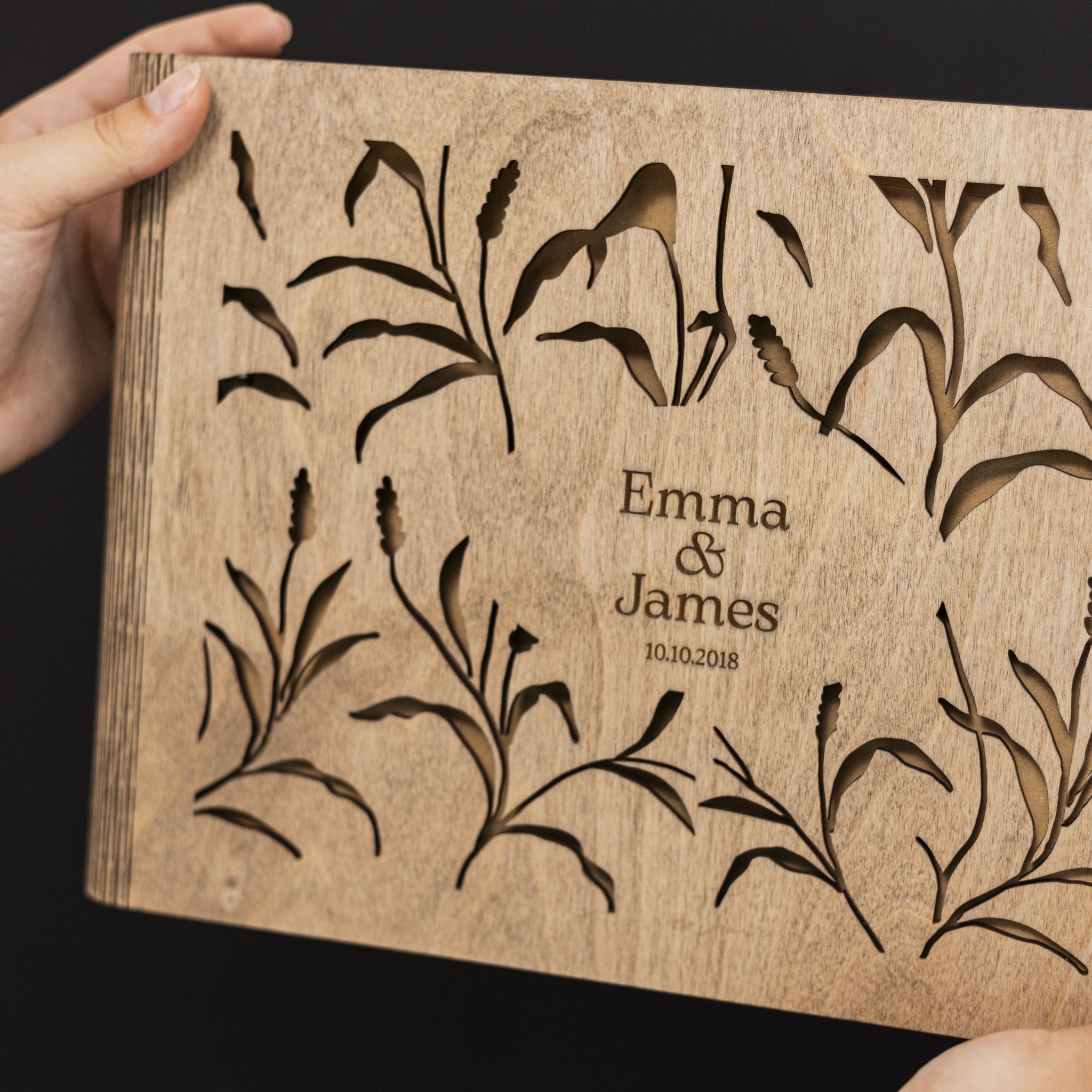 Meadow Wooden Photo Album with Engraved Grassland Design