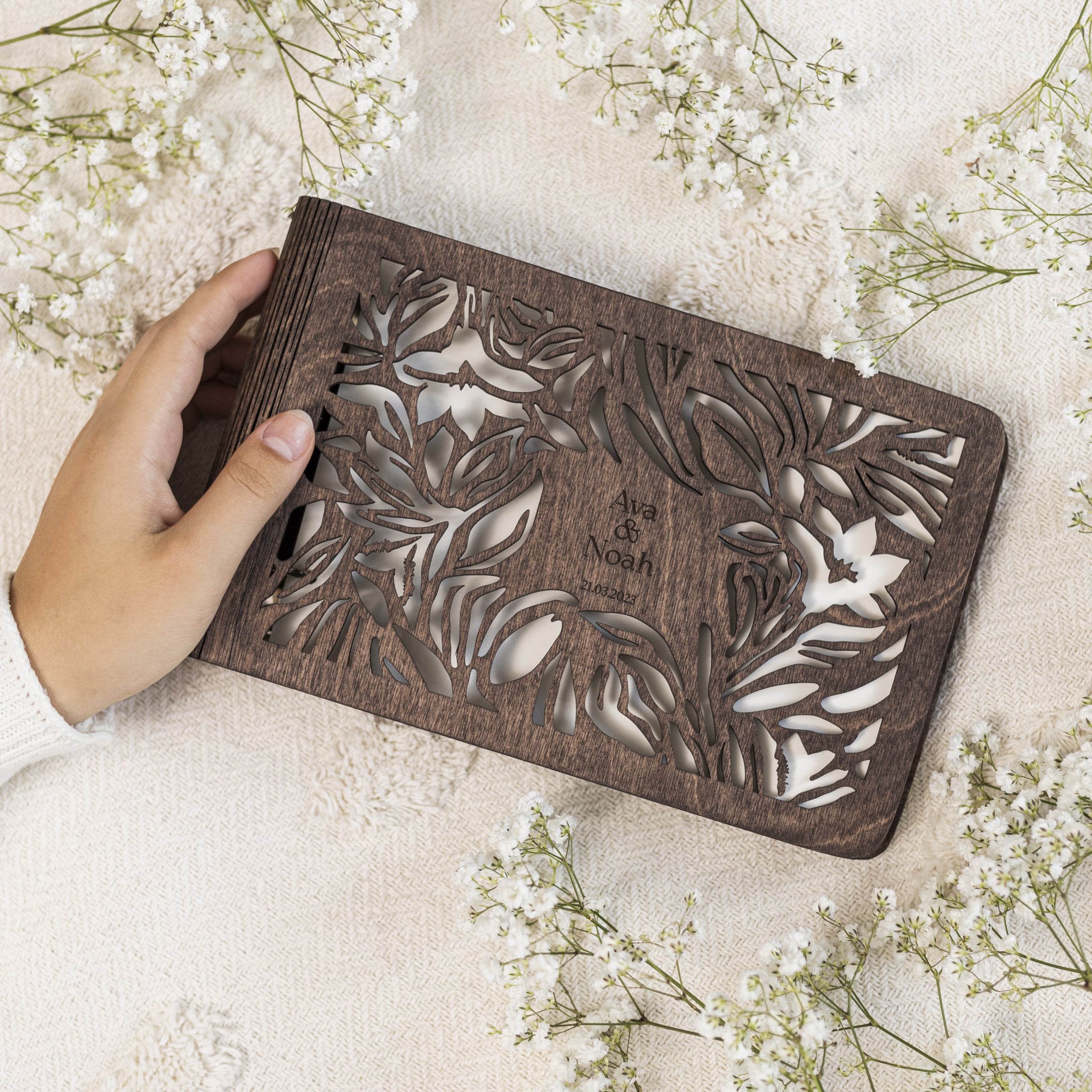 Wildflower Wooden Photo Album – Rustic Bohemian Keepsake Book