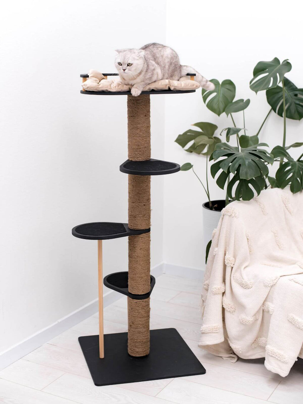 Modern Wooden Cat Tree with Plush Bed - Minimalist Feline Furniture