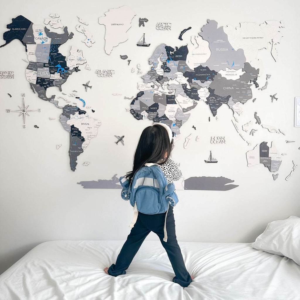 Wooden World Map Bundle with Colored Flag Pins for Travel Lovers