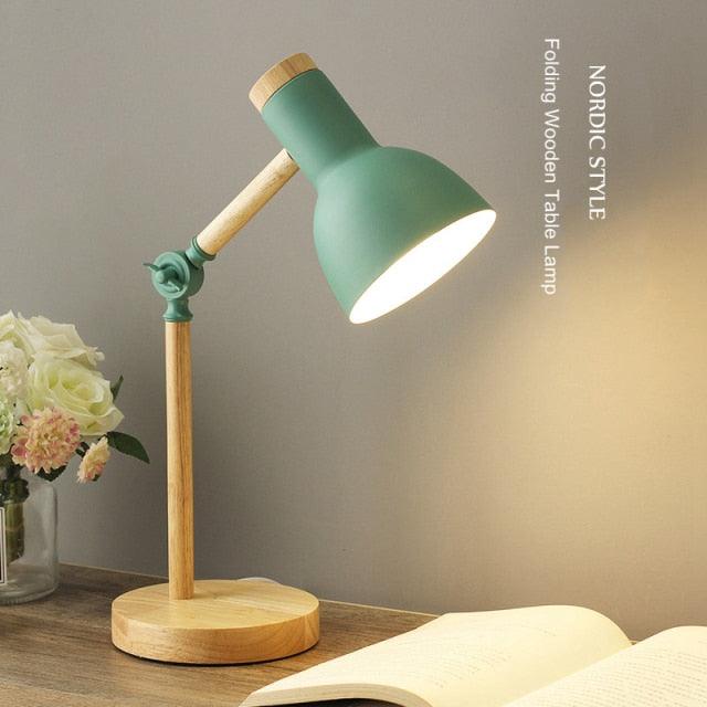 Nordic wooden and iron desk lamp in a minimalist study room