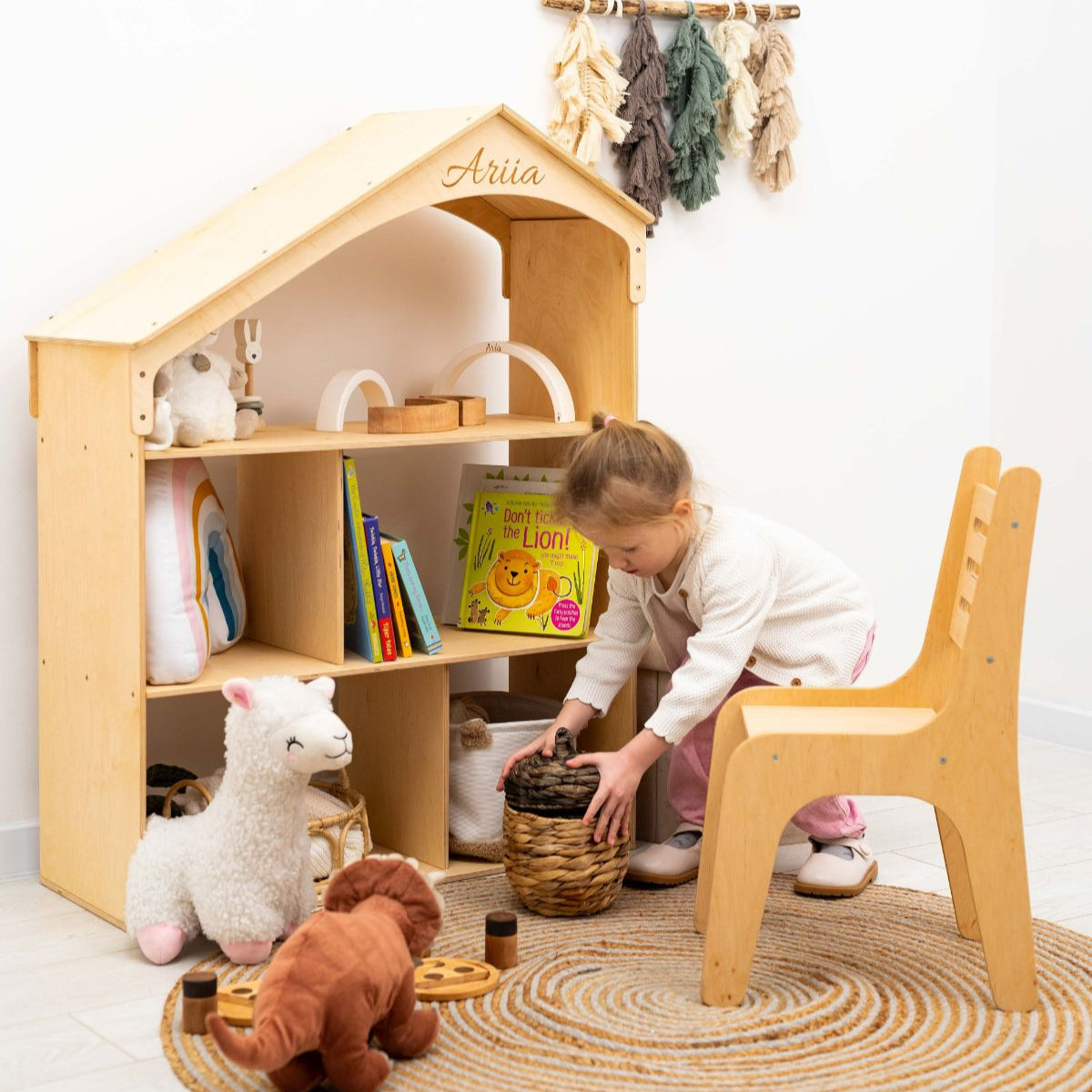 Wooden Dollhouse Bookshelf - Minimalist Scandi Storage for Kids