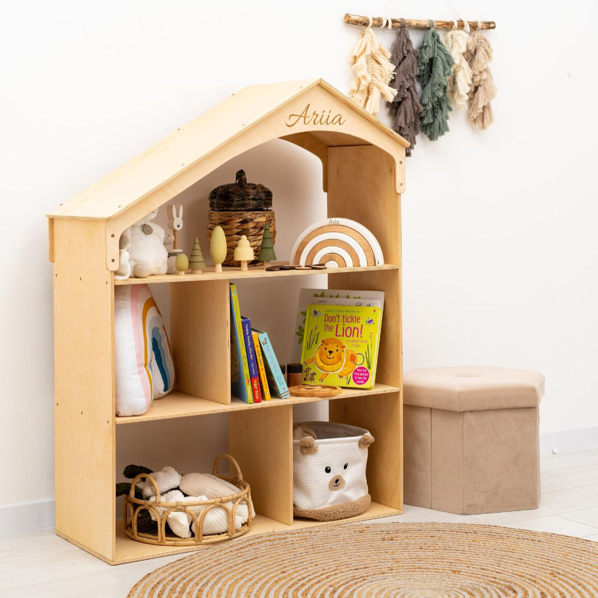 Wooden Dollhouse Bookshelf - Minimalist Scandi Storage for Kids