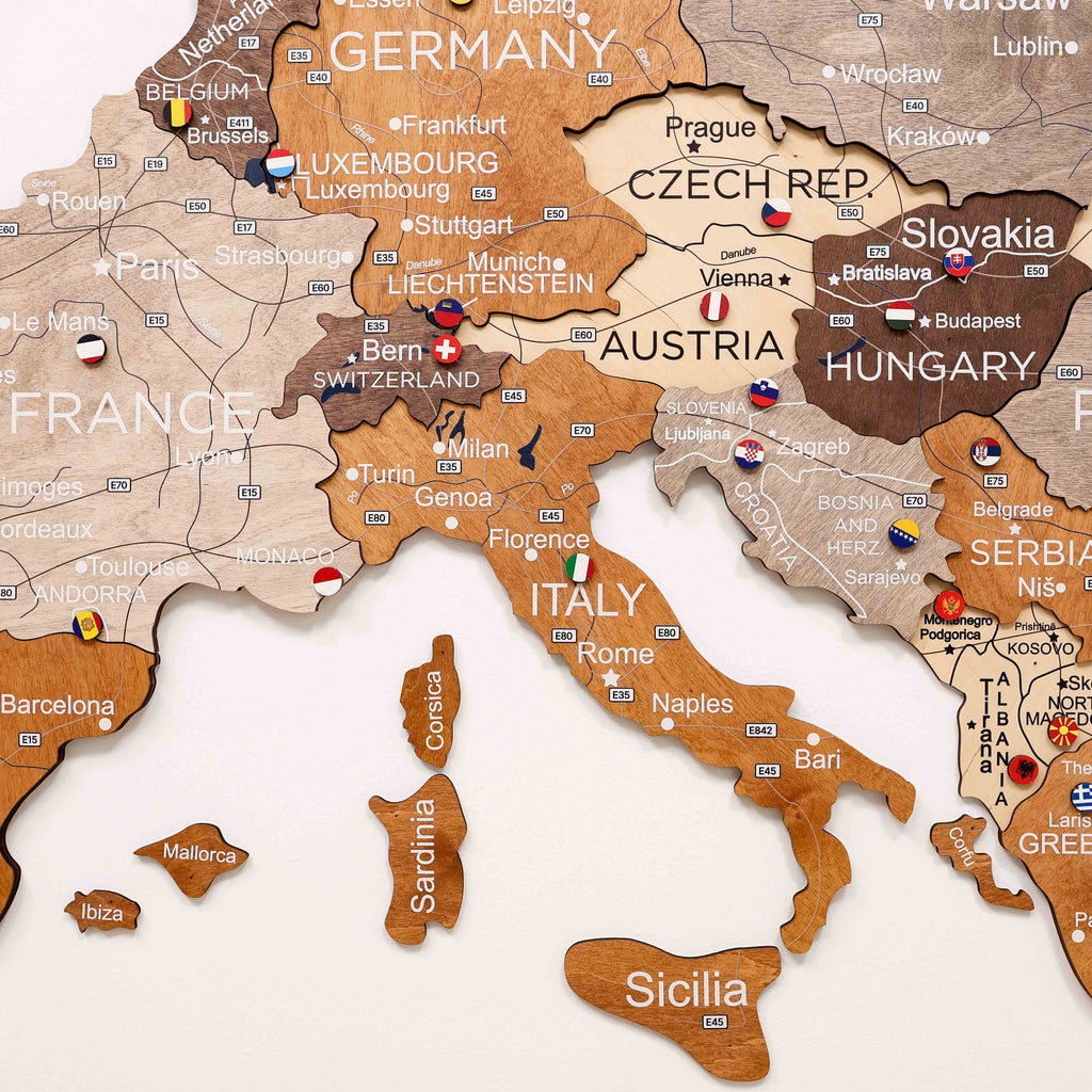 3D Europe Wooden Map Multicolor Geometric Scandinavian Wall Art