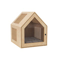 Cozy wooden indoor dog house providing a secure and stylish den for a pet.
